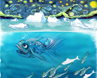 SchneeTröpfchen im Polarmeer unterwegs mit Freund Fisch unter Van Goghs Sternenhimmel